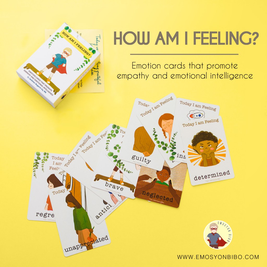 Emotional Intelligence Philippines, emotion cards, emotion cards, feeling cards, emotional intelligence, socio-emotional learning, emotional literacy, parenting, calm parenting, emosyon bibo, gentle parenting, intentional parenting, emosyon bibo cards, kid using emotion cards, how to use feeling cards 