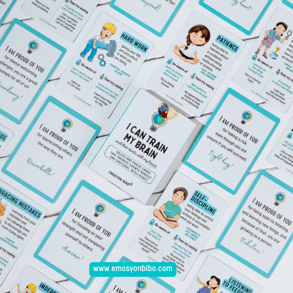 growth mindset, fixed mindset, growth mindset cards, values cards, emotion cards, feeling cards, emotional intelligence, socio-emotional learning, emotional literacy, parenting, calm parenting, emosyon bibo, gentle parenting, intentional parenting, emosyon bibo cards